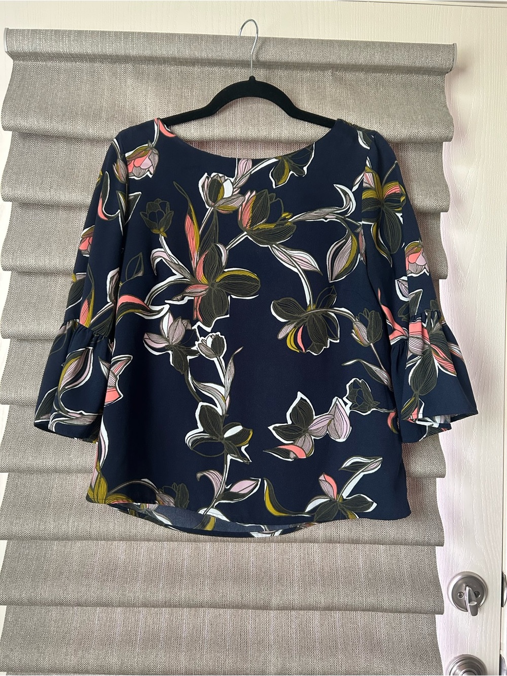 Halogen Navy Floral Bell-Sleeve Blouse